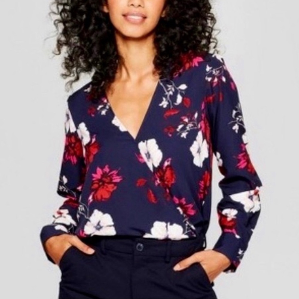 a new day Blue Navy Pink Floral Long Sleeve V Neck Mock Wrap Long Sleeve Small